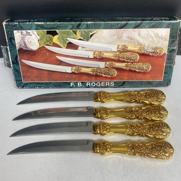 F. B. Rogers Steak Knife Set Goldplated French Rose - Picture 12 of 14